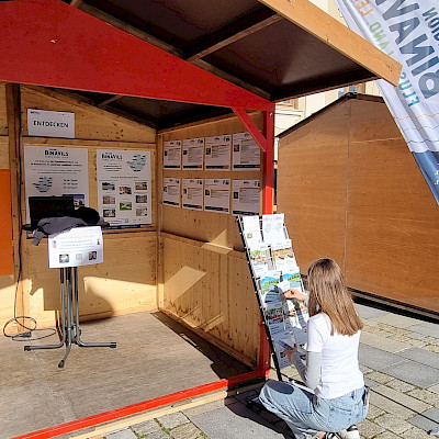 ILE Stand mit Informationsecke,  ILE-Broschüren und Video des virtuellem Rundgangs zur ILE-Kunstausstellung 